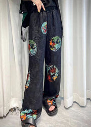 Retro Black Jacquard Elastic Waist Wide Leg Pants Spring Summer