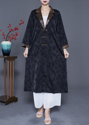 Retro Black Notched Patchwork Chinese Button Silk Trench Coats Spring