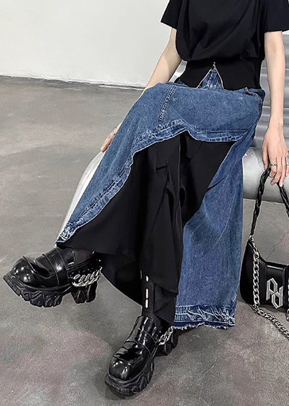 Retro Black Patchwork High Waist Pockets Denim Skirt Summer