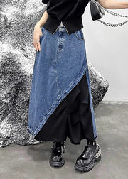 Retro Black Patchwork High Waist Pockets Denim Skirt Summer