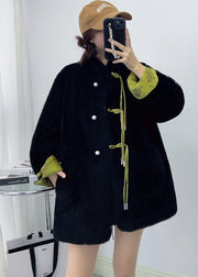 Retro Black Stand Collar Tasseled Chinese Button Wool Coat Winter