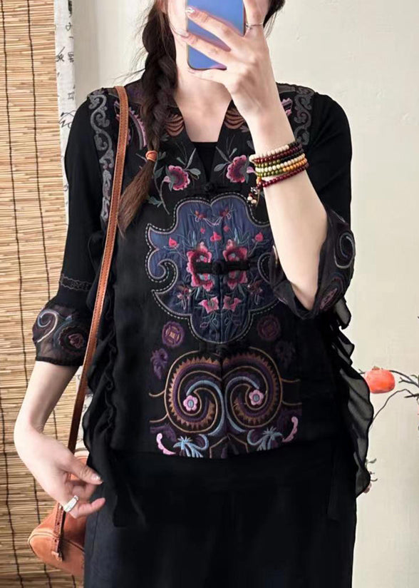 Retro Black V Neck Embroidered Ruffled Silk Waistcoat Sleeveless