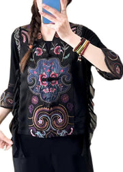 Retro Black V Neck Embroidered Ruffled Silk Waistcoat Sleeveless