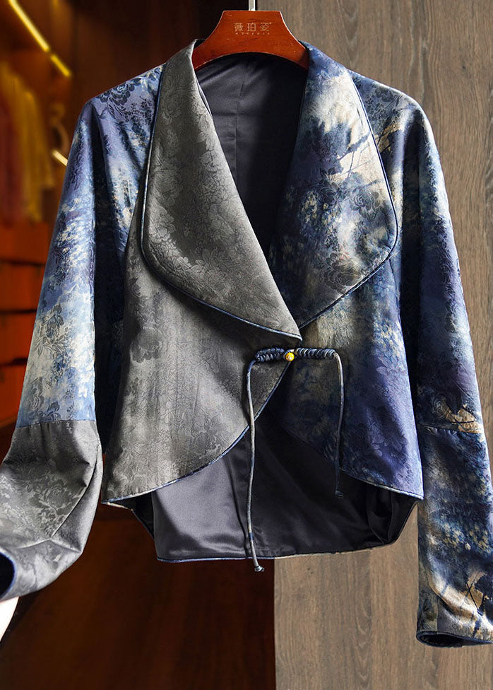 Retro Blue Notched Tassel Button Silk Coat Fall