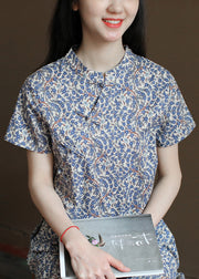 Retro Blue Stand Collar Print Linen Chinese Style Dresses Short Sleeve