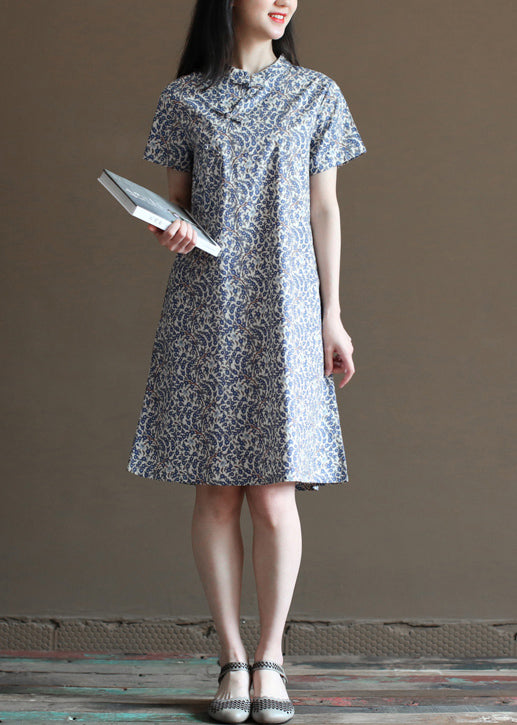 Retro Blue Stand Collar Print Linen Chinese Style Dresses Short Sleeve