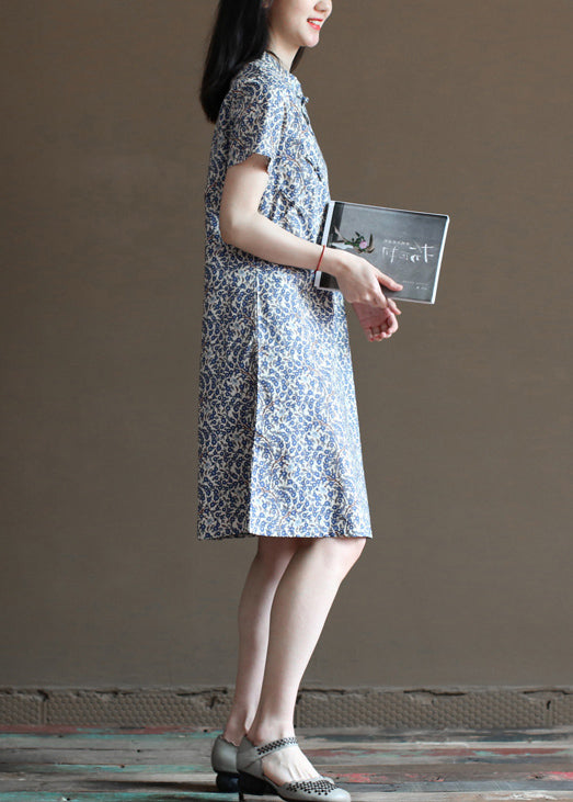 Retro Blue Stand Collar Print Linen Chinese Style Dresses Short Sleeve