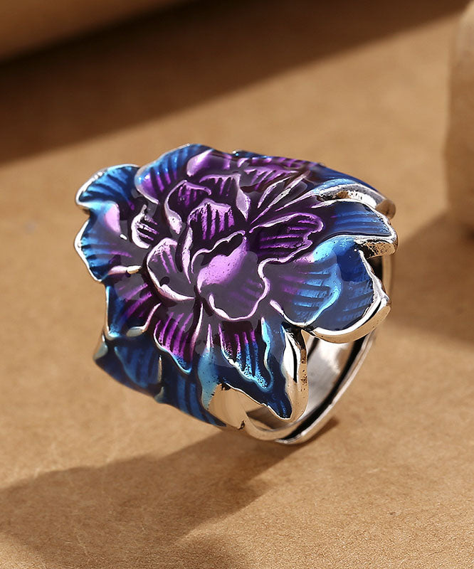 Retro Blue Sterling Silver Cloisonne Peony Flower Rings