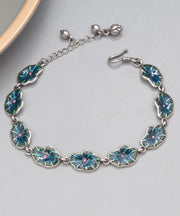 Retro Blue Sterling Silver Oil Drip Lotus Chain Bracelet