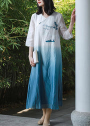 Retro Blue White Gradient Color V Neck Embroideried Long Dress Spring