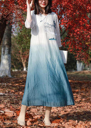 Retro Blue White Gradient Color V Neck Embroideried Long Dress Spring