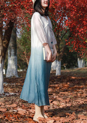 Retro Blue White Gradient Color V Neck Embroideried Long Dress Spring