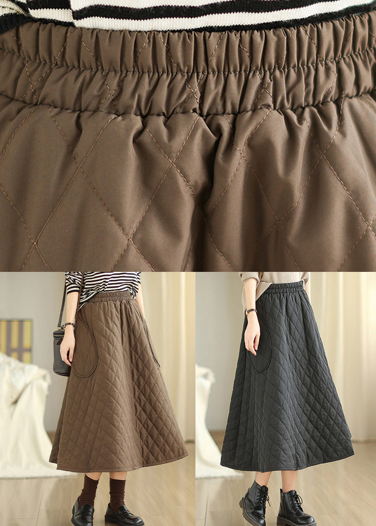 Retro Coffee Pockets Elastic Waist Fine Cotton Filled Skirt Winter