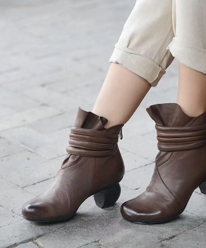 Retro Coffee Sheepskin Zippered Splicing Chunky Boots