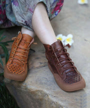 Retro Comfortable Brown Boots Splicing Hollow Out Lace Up