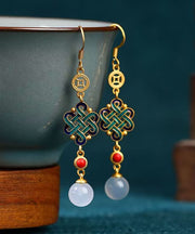 Retro Gold Sterling Silver Overgild Jade Enamel Drop Earrings