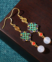 Retro Gold Sterling Silver Overgild Jade Enamel Drop Earrings