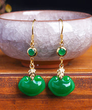 Retro Green 14K Gold Jade Ruyi Drop Earrings