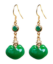 Retro Green 14K Gold Jade Ruyi Drop Earrings