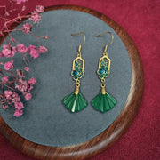 Retro Green Antique Gold Jade Shell Fan Shaped Tassel Drop Earrings