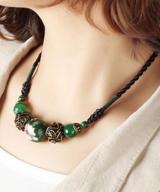 Retro Green Copper Coloured Glaze Gem Stone Necklace