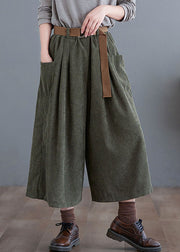 Retro Green Elastic Waist Corduroy Crop Wide Leg Pants