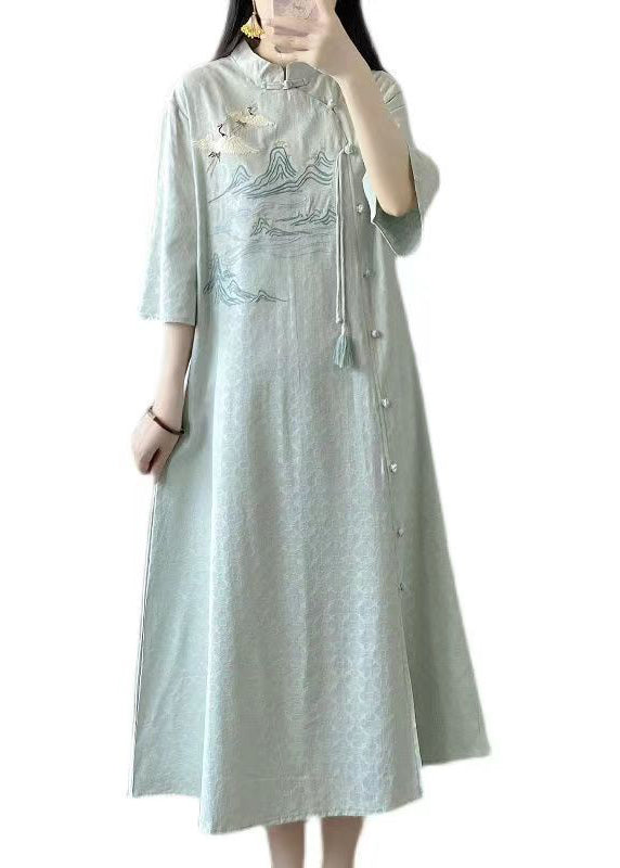 Retro Green Embroidered Tasseled Patchwork Linen Dress Summer