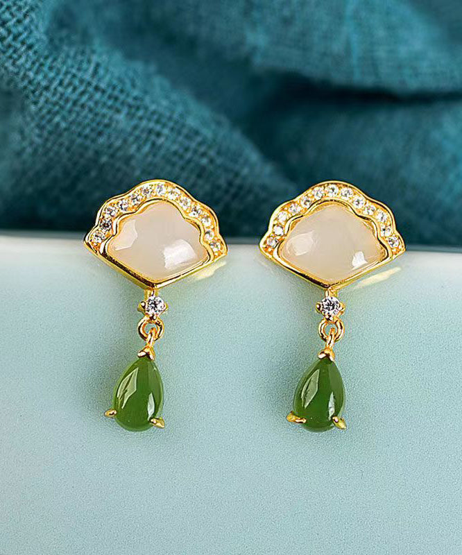 Retro Green Jade Zircon Silver Stud Earrings