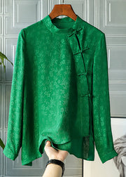 Retro Green Mandarin Collar Button asymmetrical design Jacquard Silk Shirts Spring