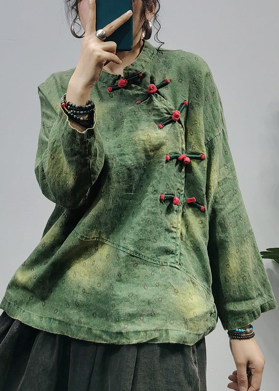 Retro Green Mandarin Collar Print Linen Pullover Top Long Sleeve