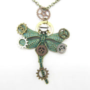 Retro Green Metal Alloy Gear Dragonfly Pendant Necklace