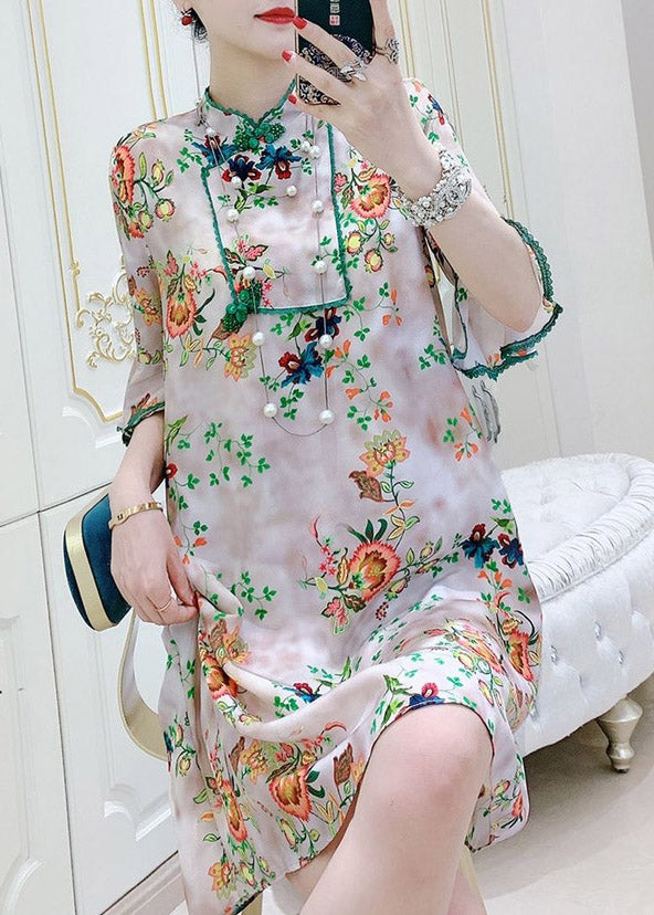 Retro Green Stand Collar Print Silk Mid Dress Half Sleeve
