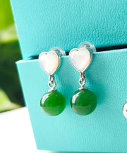 Retro Green Sterling Silver Inlaid Love Shell JadeDrop Earrings