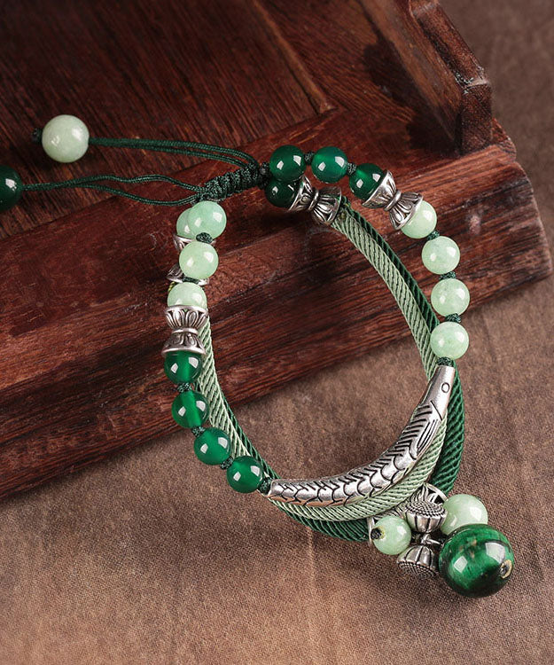 Retro Green Sterling Silver Jade Green Agate Tiger&