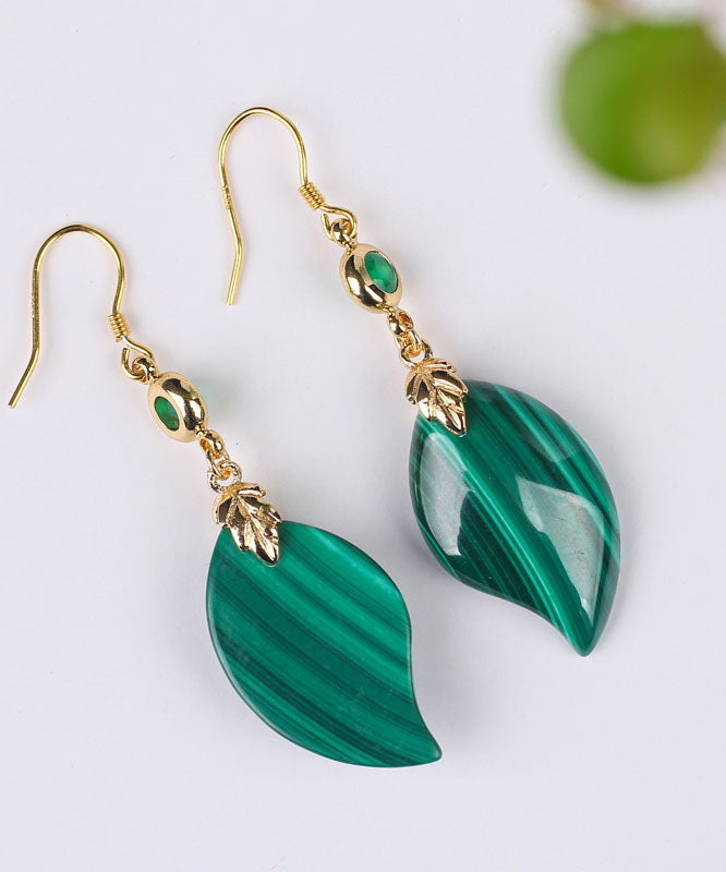 Retro Green Sterling Silver Overgild Inlaid Gem Stone Drop Earrings