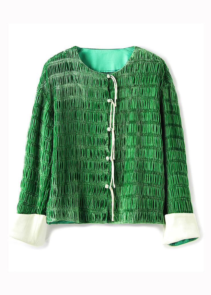 Retro Green Tasseled Wrinkled Patchwork Silk Velour Coats Fall