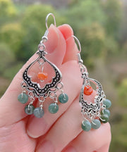 Retro Jade Tassel Hollow Out Silver Drop Earrings