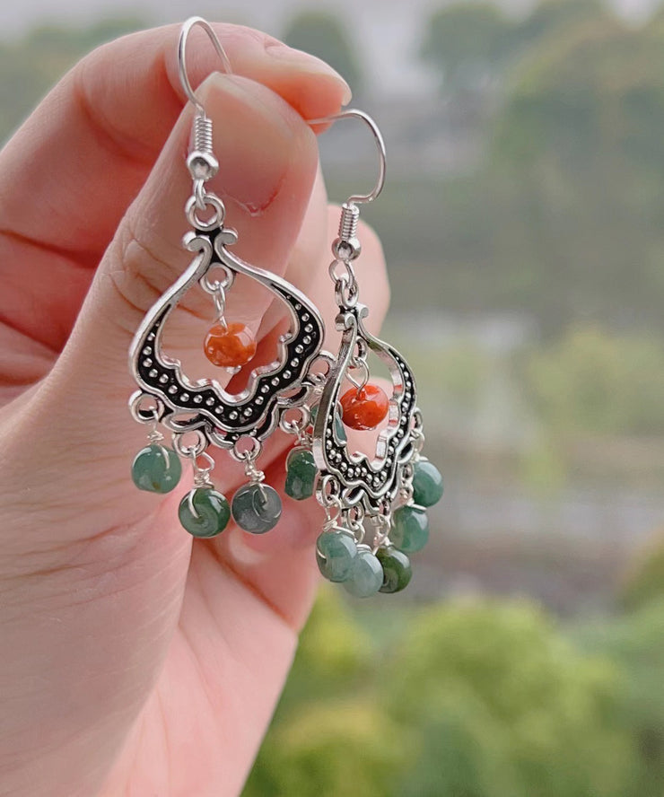 Retro Jade Tassel Hollow Out Silver Drop Earrings