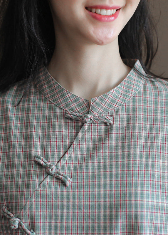 Retro Light Green Stand Collar Plaid Cotton Cheongsam Dress Short Sleeve