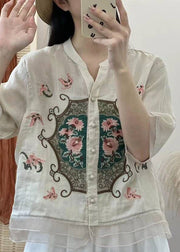 Retro Orange V Neck Embroidered Button Patchwork Linen Shirts Half Sleeve