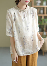 Retro Peter Pan Collar Print Linen Tops Half Sleeve