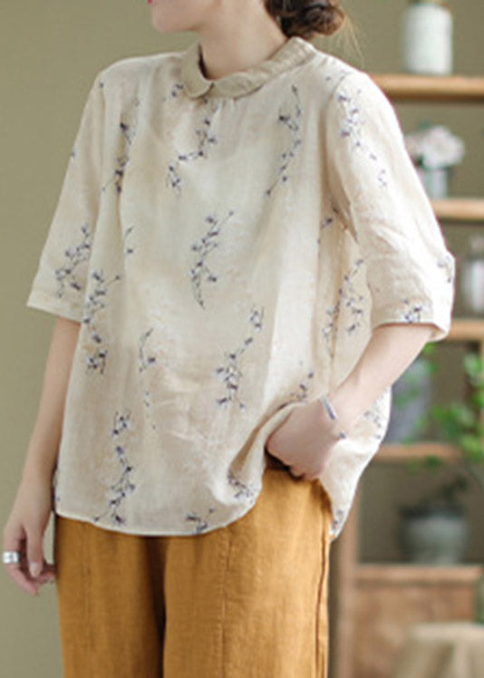 Retro Peter Pan Collar Print Linen Tops Half Sleeve