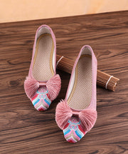 Retro Pink Embroidered Tassel Cotton Fabric Flat Shoes For Women