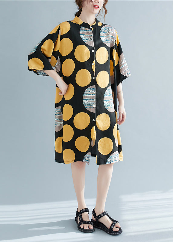 Retro Print Dot Stand Collar Linen Party Dress Half Sleeve