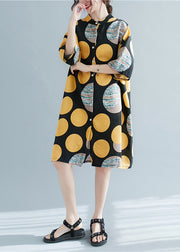 Retro Print Dot Stand Collar Linen Party Dress Half Sleeve