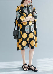 Retro Print Dot Stand Collar Linen Party Dress Half Sleeve