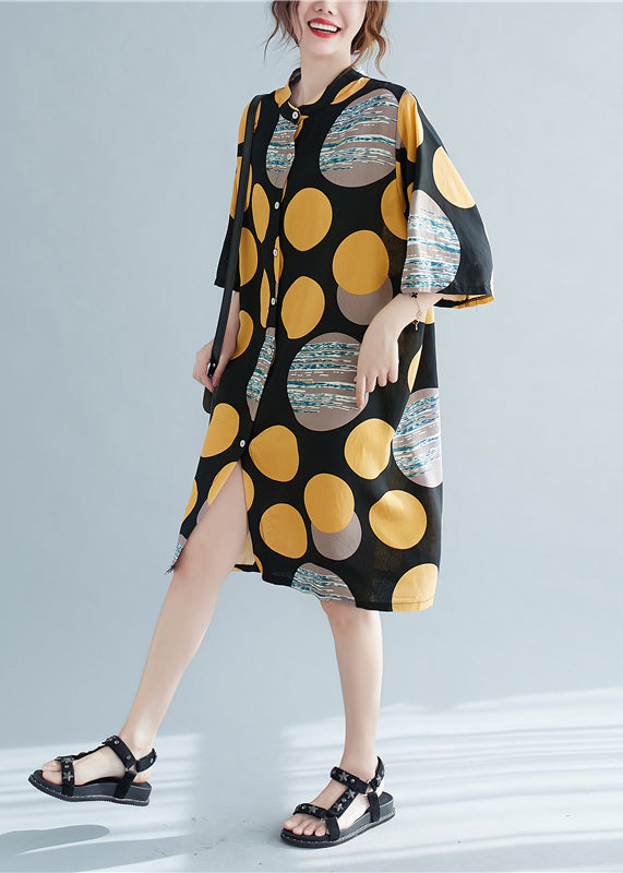 Retro Print Dot Stand Collar Linen Party Dress Half Sleeve