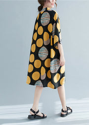 Retro Print Dot Stand Collar Linen Party Dress Half Sleeve