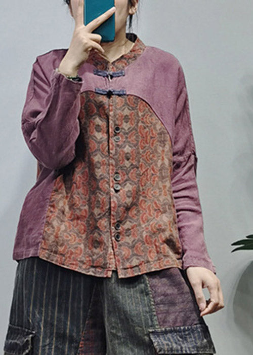 Retro Red Mandarin Collar Button Patchwork Linen Blouses Long Sleeve