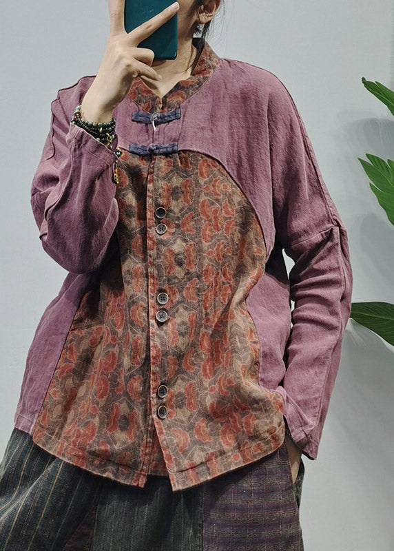 Retro Red Mandarin Collar Button Patchwork Linen Blouses Long Sleeve